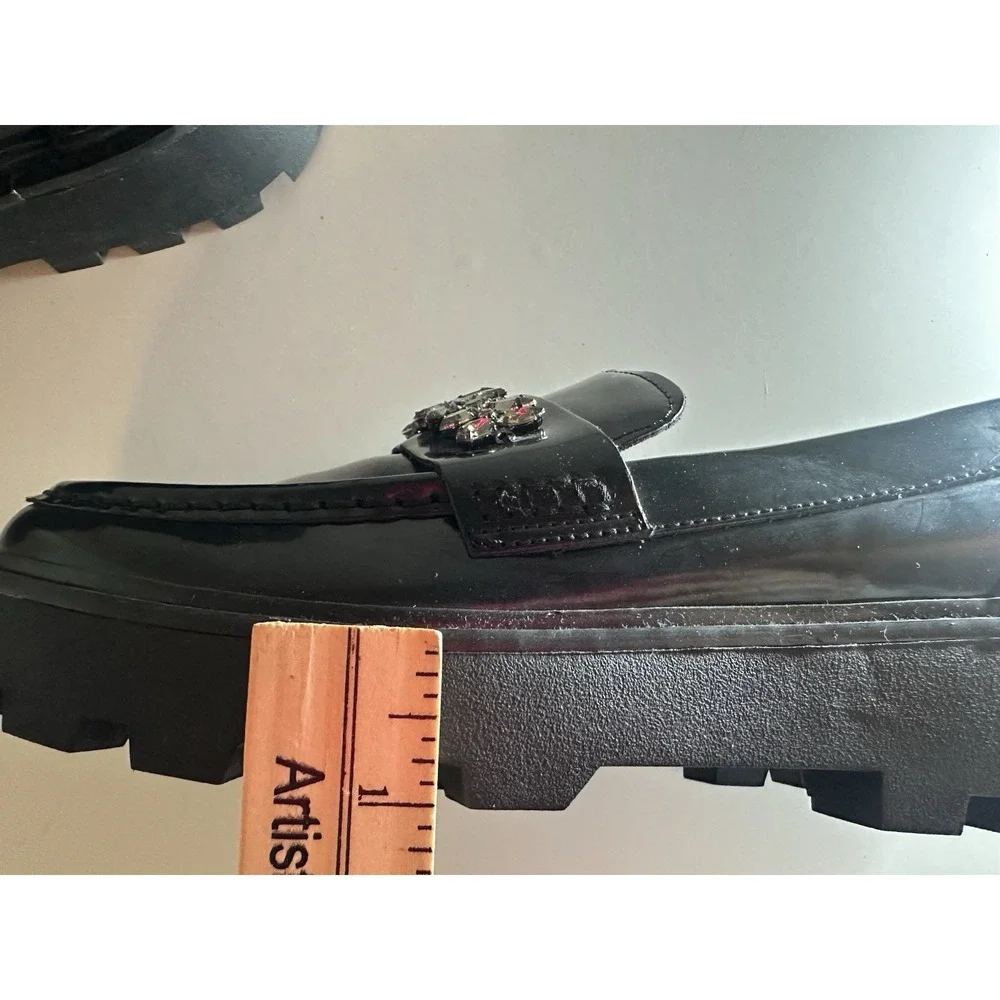 ZARA Women Chunky Black Faux Patent Leather‎ Rhinestone Loafers US 7.5 EU 38 NEW